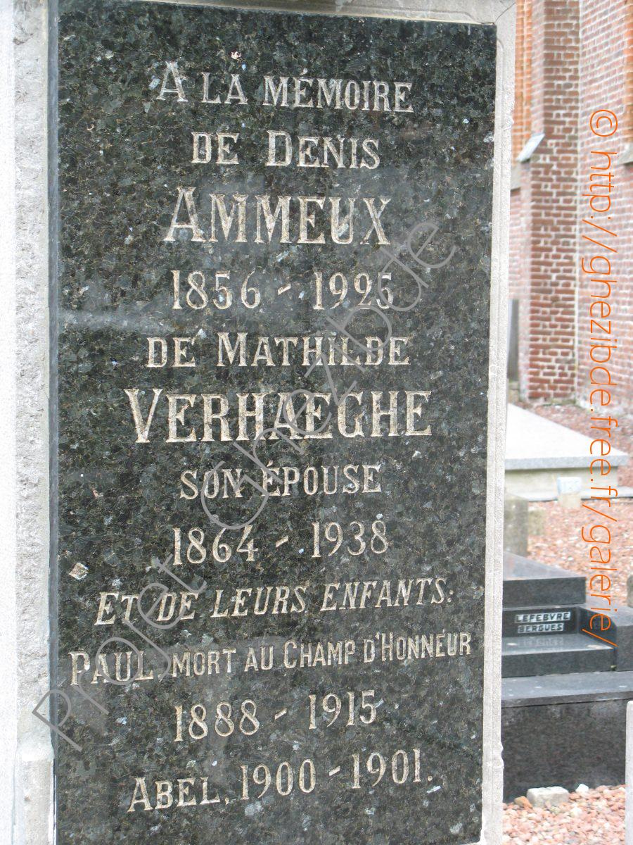 Tombe de Denis AMMEUX époux de Mathilde VERHAEGHE, enterré à Houtkerque.